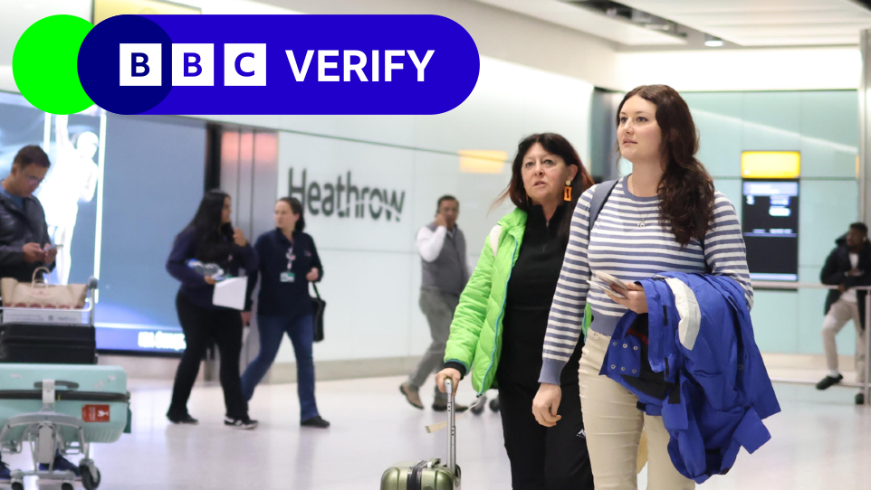 Two women at Heathrow airport, one holding a jacket over her arm and the other holding a suitcase. 