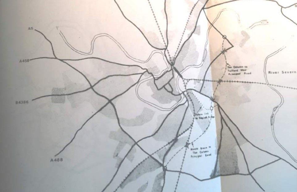 A hand-drawn map of Shrewsbury showing dotted lines for planned new roads 