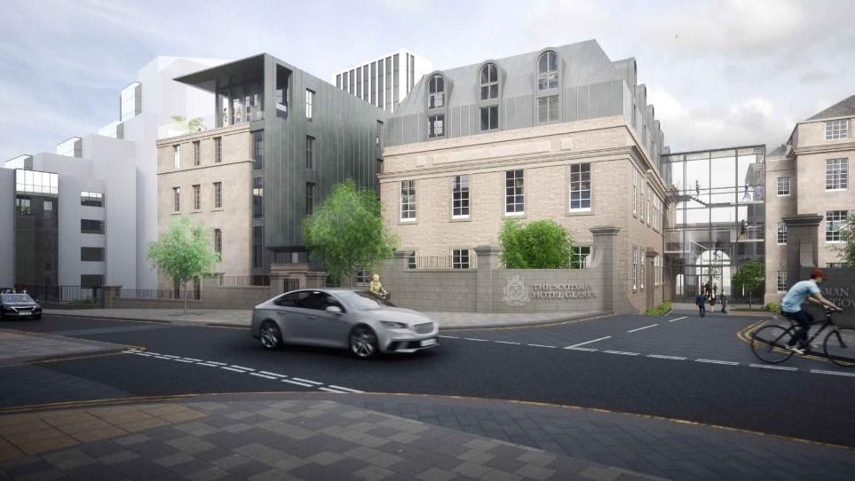 Artist impression of the former High School of Glasgow site. The building has large windows and a glass bridge connecting the two buildings together. 