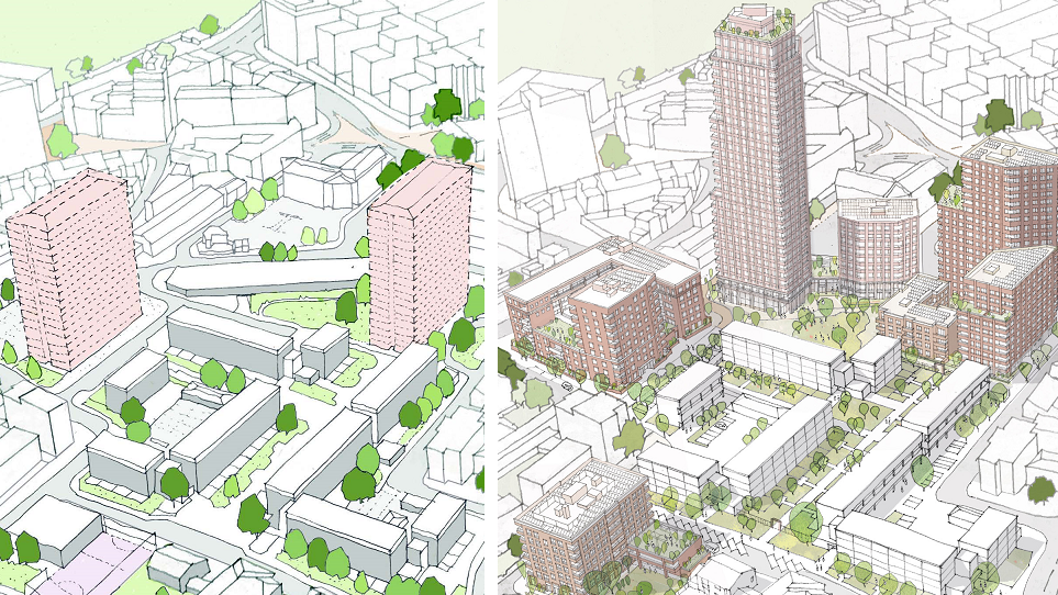 Two drawings - the first shows two tall tower blocks surrounded by some smaller buildings. The second image shows a tall tower block surrounded by several smaller tower blocks and other buildings.