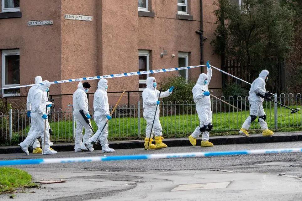 Seven people in white forensic suits. There is police tape.
