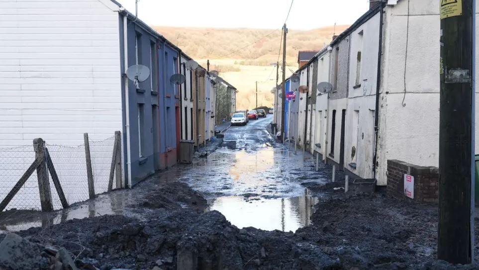 Woodland Terrace in Cwmtillery covered in mud and water after a coal tip lanslide