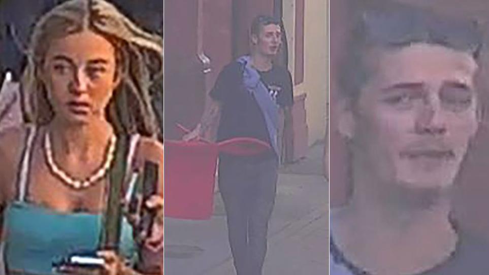 CCTV of woman (left) and two images of a man (centre and right) police want to speak to