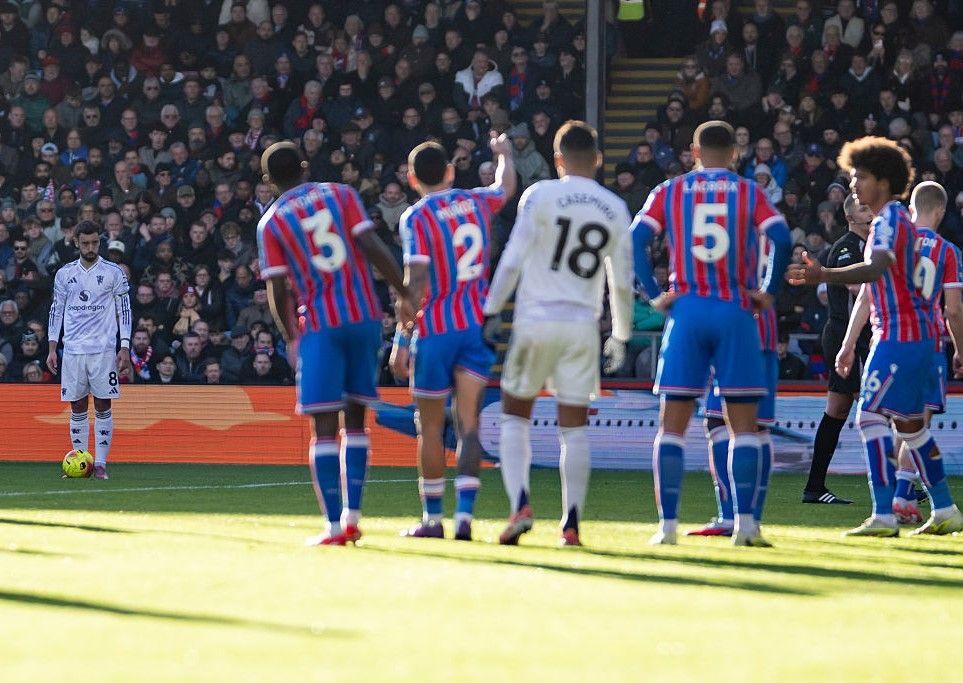 Manchester United skipper Bruno Fernandes prepares to take a free-kick against Crystal Palace
