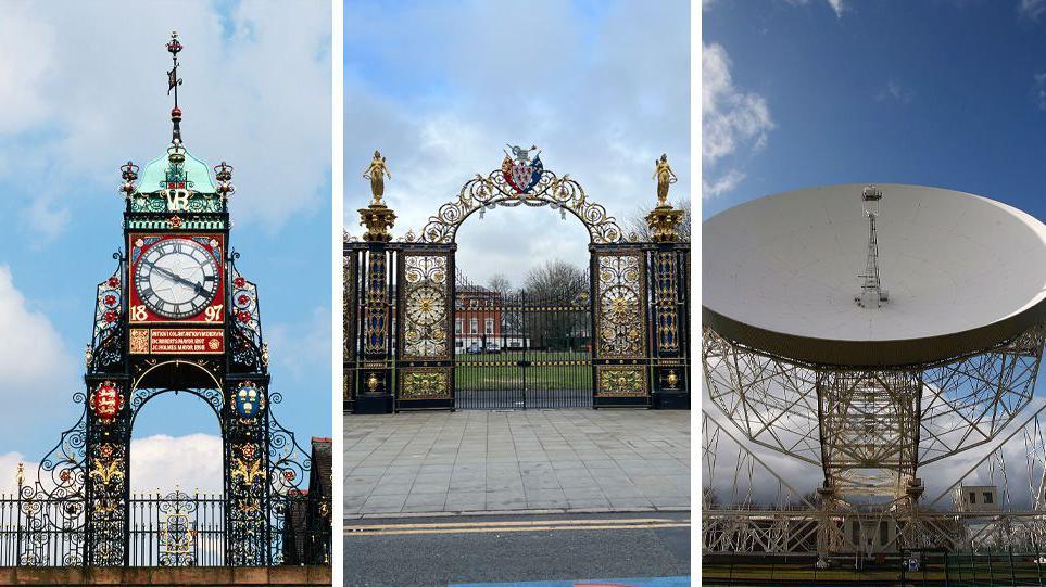 The Eastgate Clock in Chester, the golden gates of Warrington and Jodrell Bank in Cheshire East