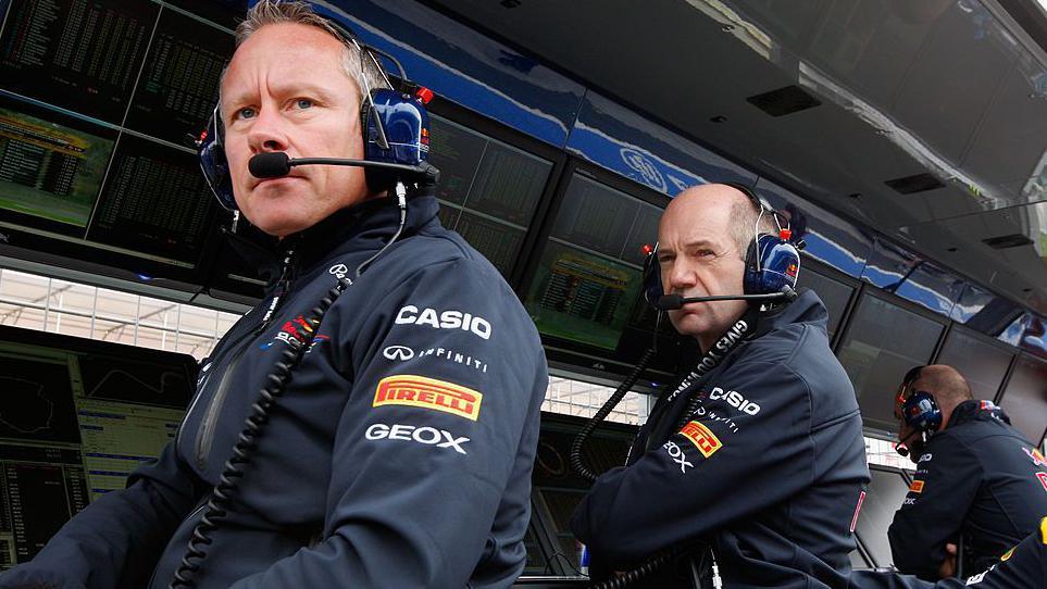 Jonathan Wheatley and Adrian Newey on the pit wall together at the 2011 Australian Grand Prix, when both men were working for Red Bull