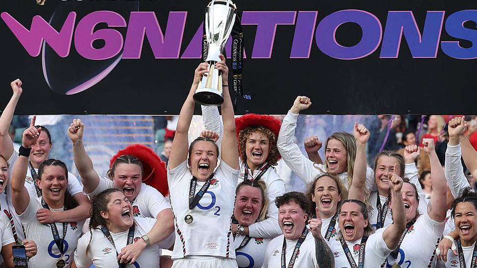 Zoe Aldcroft lifts the Women's Six Nations trophy in April