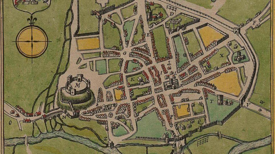 Castle on mound on left of plan with streets and houses