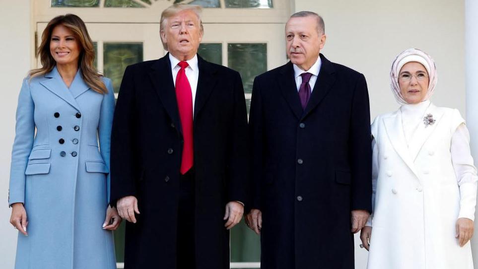 Melania Trump, Donald Trump, Recep Tayyip Erdogan and Emine Erdogan posing for a photo together at the White House in 2019