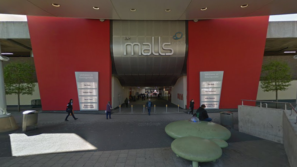 The exterior of The Malls shopping centre in Basingstoke, which has red panels