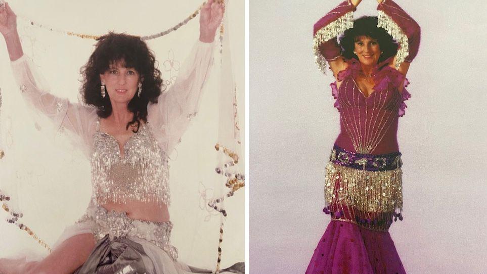 There are two images of a woman wearing sequin belly dancing outfits. She is posing with her hands above her head.