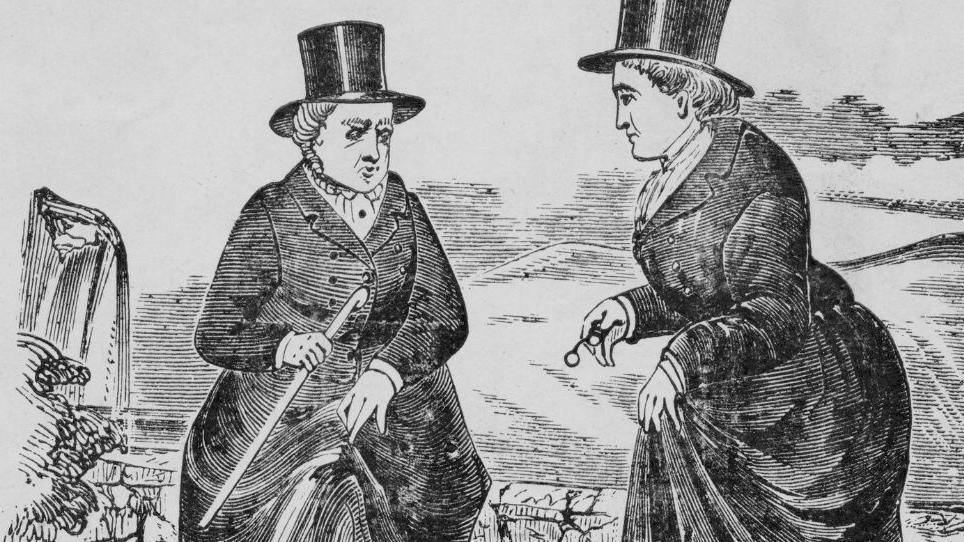 A black and white illustration of the two women, wearing their distinctive top hats and long black coats. One of the women is holding a cane, while the other is turned towards her, holding a pair of glasses.