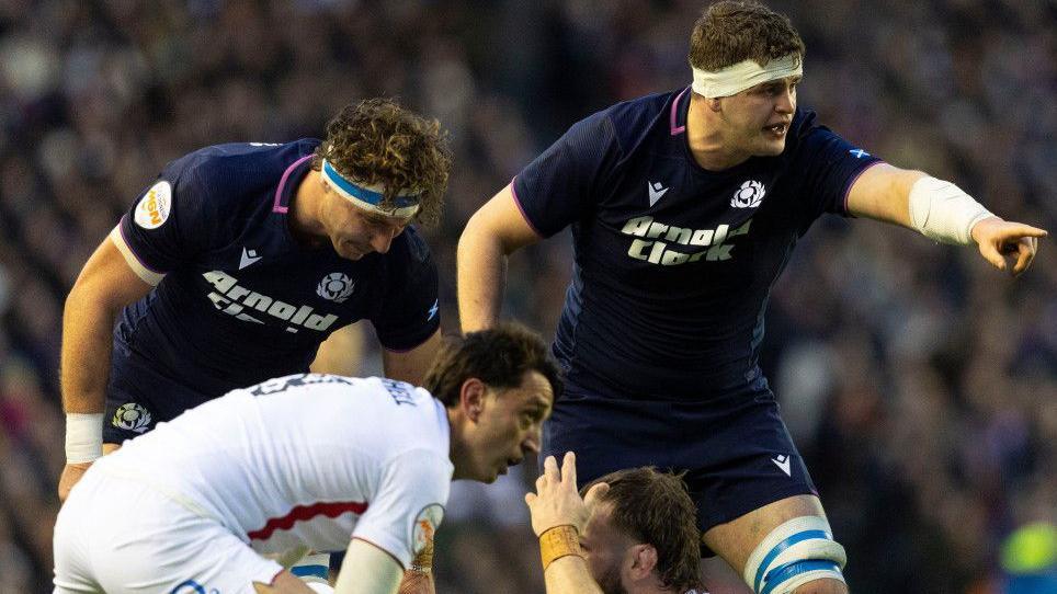 Scotland's Jamie Ritchie and Scott Cummings during a Guinness Six Nations match between Scotland and England at Scottish Gas Murrayfield, on February 14, 2026
