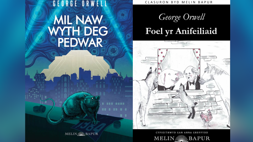 Cover pages of Mil Naw Wyth Deg Pedwar (1984) and Foel yr Anifeiliaid (animal Farm) side by side. The 1984 cover features a rat on a wall in the foreground, with its legs on a poster that says 1984. The image is set against the backdrop of tall buildings in green and blue and a large monolothic yellow-coloured building at the back which towers over the other buildings. The cover image for Animal Farm is a drawing of a donkey, horse, hen and goat looking into a window and two pigs in a suit and bow tie looking out at them