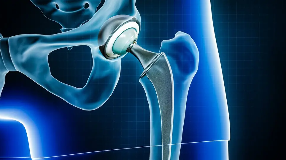 An x-ray-type image of a hip replacement.