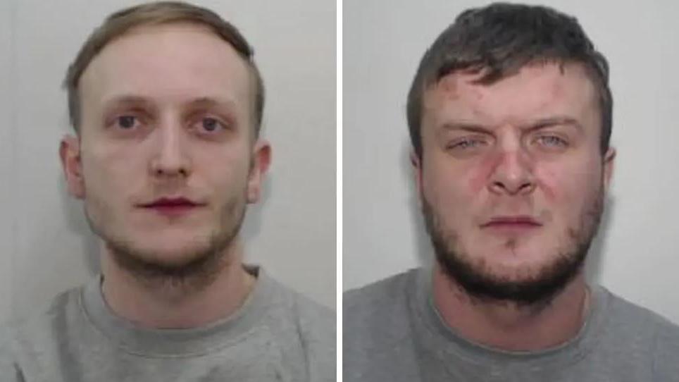 Police custody images of Zak Bolland (left) with blond hair wearing grey crew neck top and David Worrall brown hair and beard