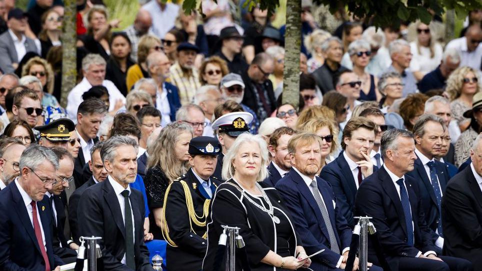 Netherlands Prime Minister Dick Schoof (2nd-L) and King Willem-Alexander of the Netherlands (C-R) attend the 10th commemoration of the victims of the MH17 plane crash