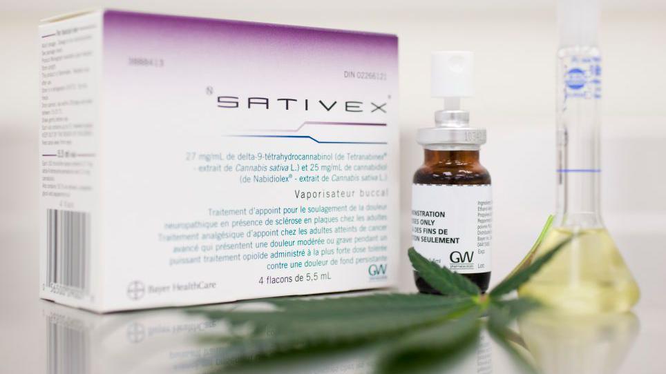 Packet of Sativex including bottle, vial and cannabis plant