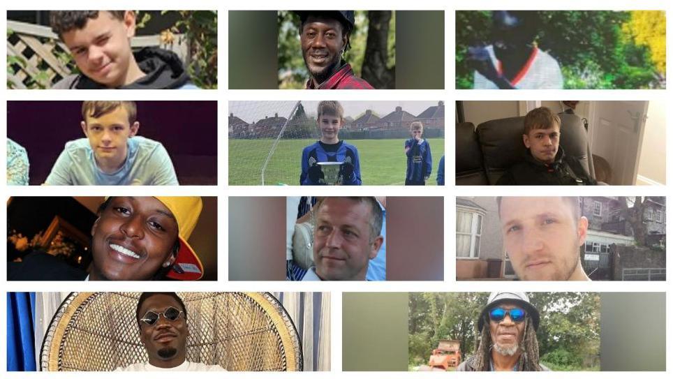 A collage made up of the faces of 11 people who were killed using knives since the start of 2023.