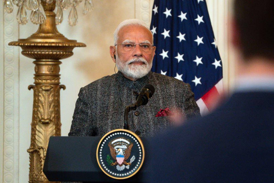 Indian Prime Minister Narendra Modi attends a press conference with US President Donald Trump (not pictured) at the White House, Washington, DC, USA, 13 February 2025.