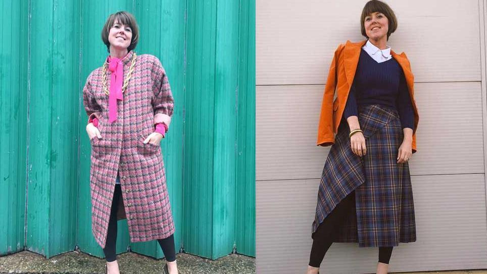 Two pictures of Caroline Jones in 2015 with short brown hair to just below her ears. In the left image she wears a bright pink blouse and black leggings with a long pink and grey checked coat. In the irght image she wears a white blouse with a collar, a navy blue V-necked jumper, a blue-checked wrap around skirt, black leggings and a bright orange jacket.