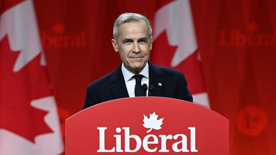  Mark Carney, the newly elected leader of the Liberal Party of Canada, addresses supporters in a victory speech after the official announcement of the 2025 Liberal Leadership race results at Rogers Centre, in Ottawa, Ontario, Canada, on March 9, 2025.