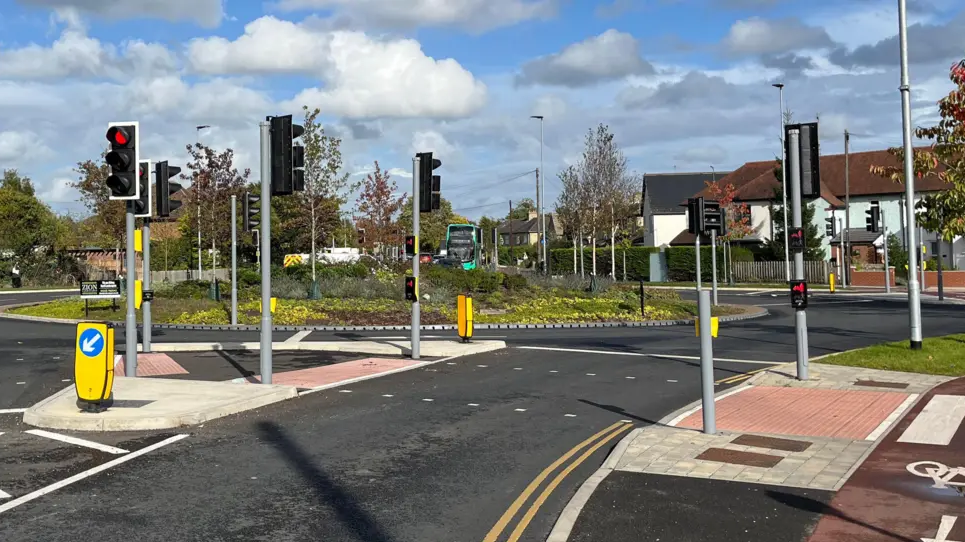 The Milton Road roundabout with several traffic lights and new lanes