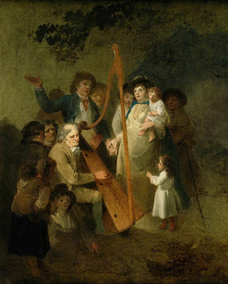 'John Smith, the blind harper of Conway, with penillion singers', 1793 - Julius Ibbetson