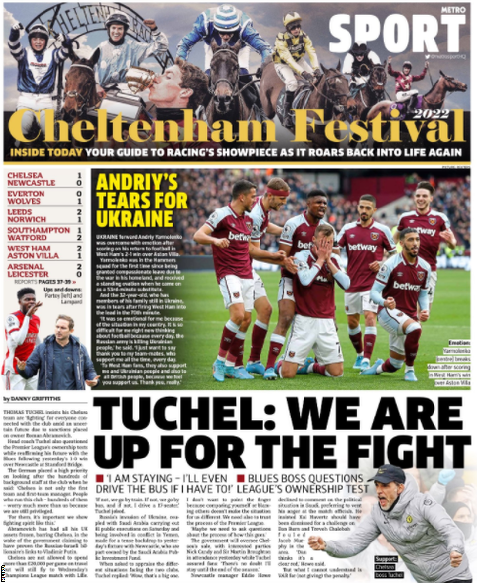 Main sport page of the Metro on 14 March 2022