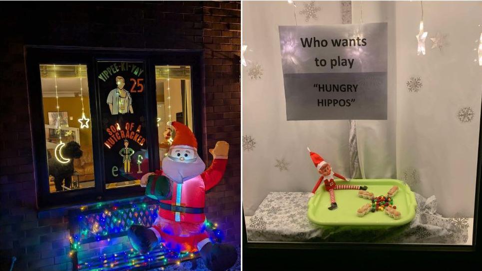 A split image of two festive windows - one has an inflatable Santa out the front of it and on the window it says 'Yipee-Ki-Yay and 'son of a nutcracker'. There is a dog looking out of the window. The other window has an Elf on the Shelf sitting on a tray with a sign that says 'who wants to play hungry hippos'