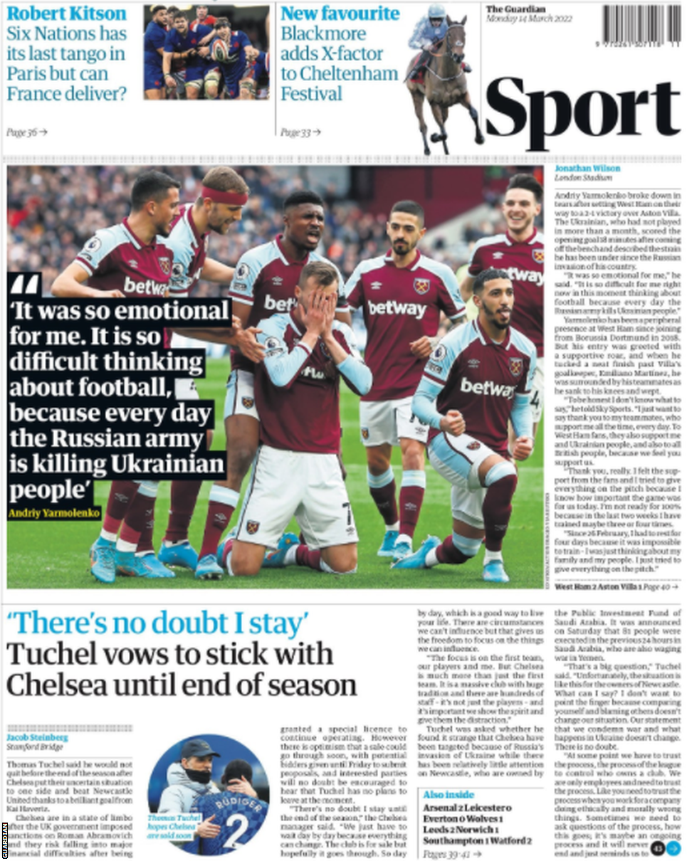 Main sport page of the Guardian on 14 March 2022