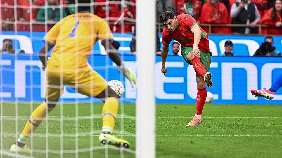 Brahim Diaz sending in a shot for Morocco against Tanzania at the Afcon