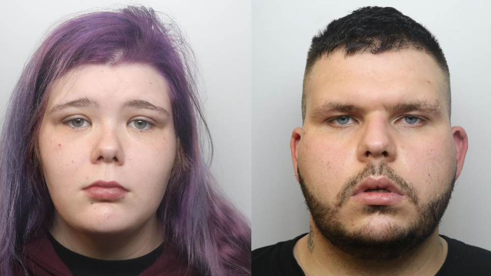 A police mugshot of Katherine Reilly and Tom Kember. Reilly is pictured on the left and has long purple hair. Kember is on the right and has short dark hair, a tattoo on his neck and a beard.