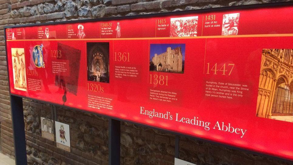 The period of time between the 1200s and 1447 can be seen in a section of a timeline in the cathedral's visitor centre. Colour photgraphs and white text are on a red background.