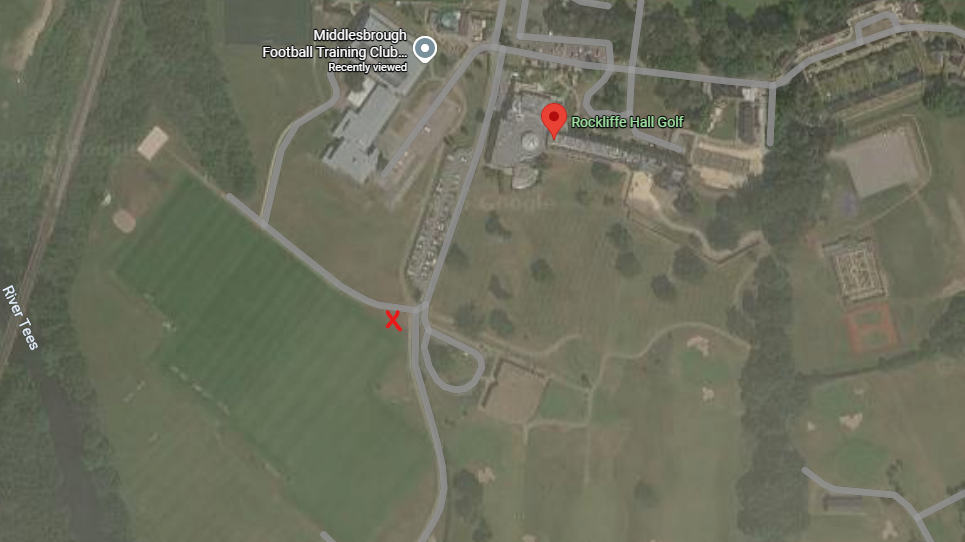 A Google Maps view showing Middlesbrough's training ground, the location of the golf club and the training pitches 