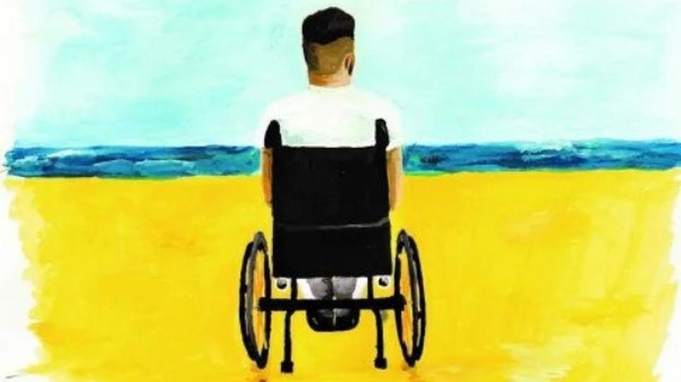 A painting by Henry Fraser shows him back view wearing a white T-shirt sitting in a wheelchair on bright yellow sand in front of a blue strip of sea and a paler blue sky