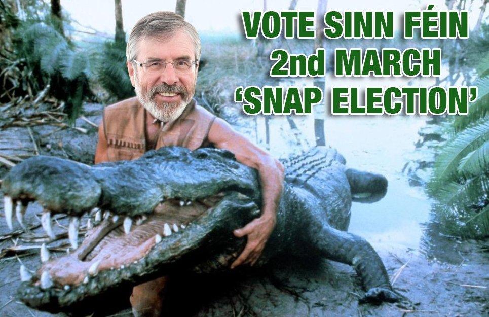 A meme showing Gerry Adams holding a crocodile