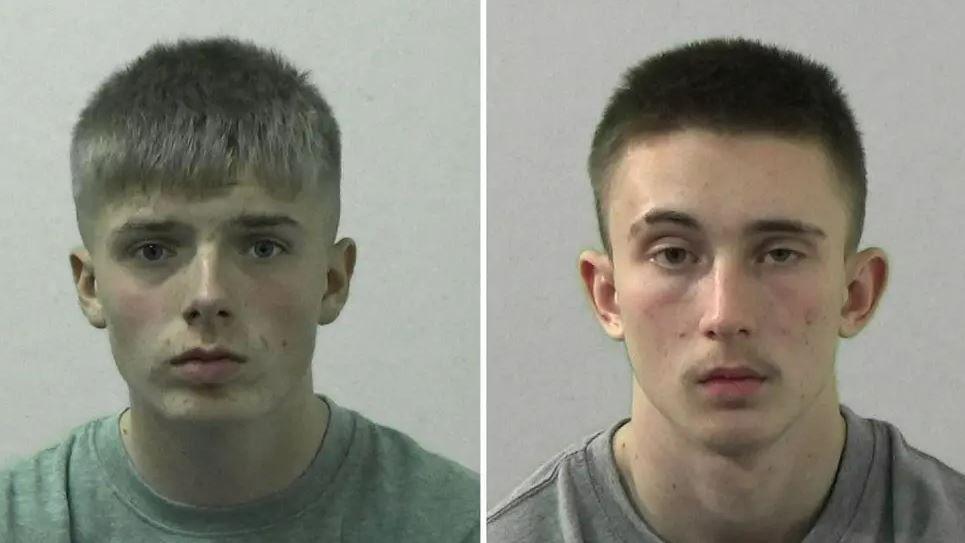 A composite of the two mugshots of Blaine Sewell and Calum Maddison. Sewell has short brown hair and shaved sides. Maddison has short brown hair and and a wispy moustache.