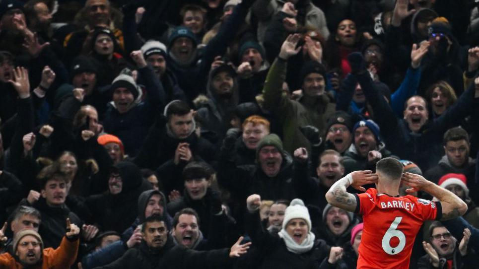 Ross Barkley celebrates after scoring for Luton