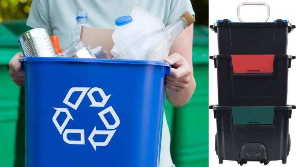 A graphic of a person carrying a blue box with a white recycling logo, filled with cardboard and plastic bottles. Another image that sits beside it is three black boxes with little coloured squares to distinguished which box to put recycling into. 