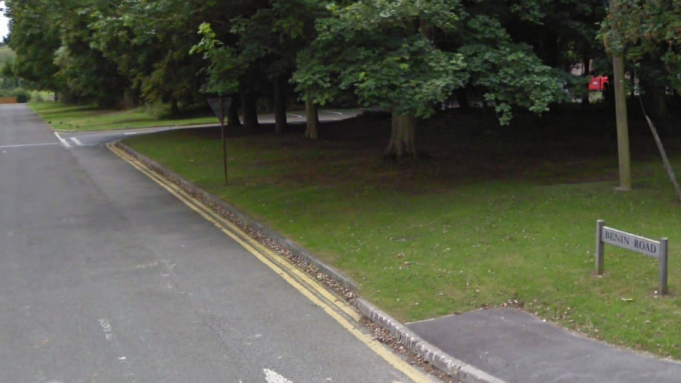 A road with trees on either side. A sign on the grass says Benin Road.