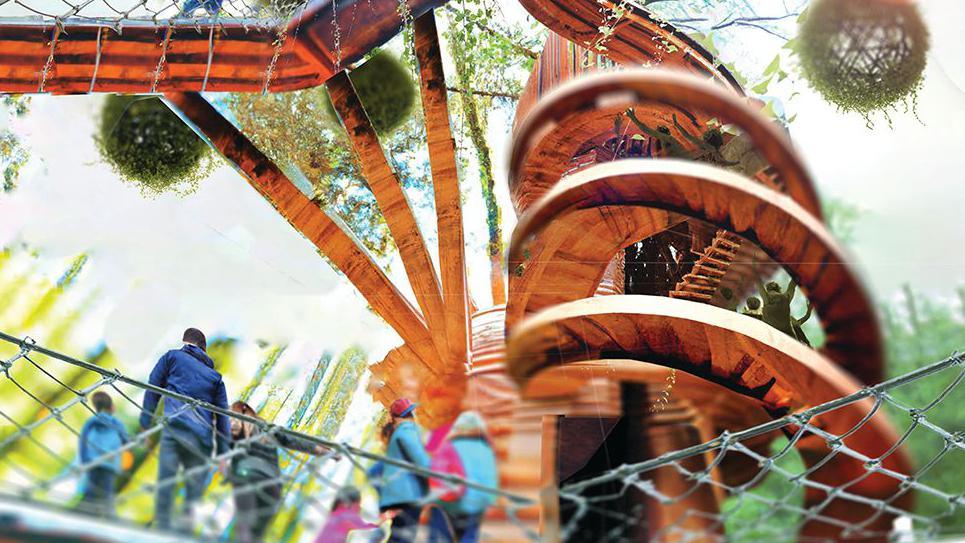 An artist's impression of some of the attractions at the Eden Project Morecambe. It features a wooden spiral staircase and a rope bridge that families are walking across as they look at plants and foliage.