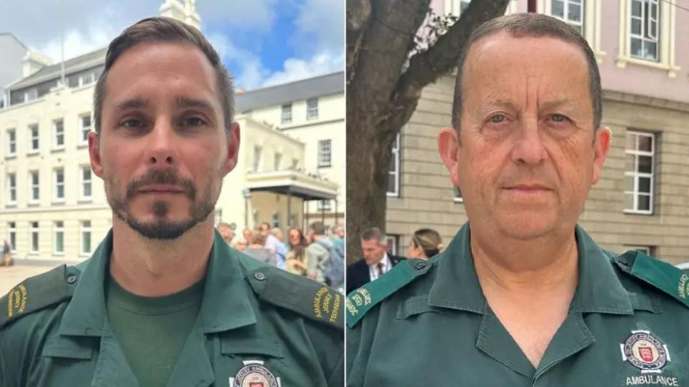 Two men in green ambulance uniform