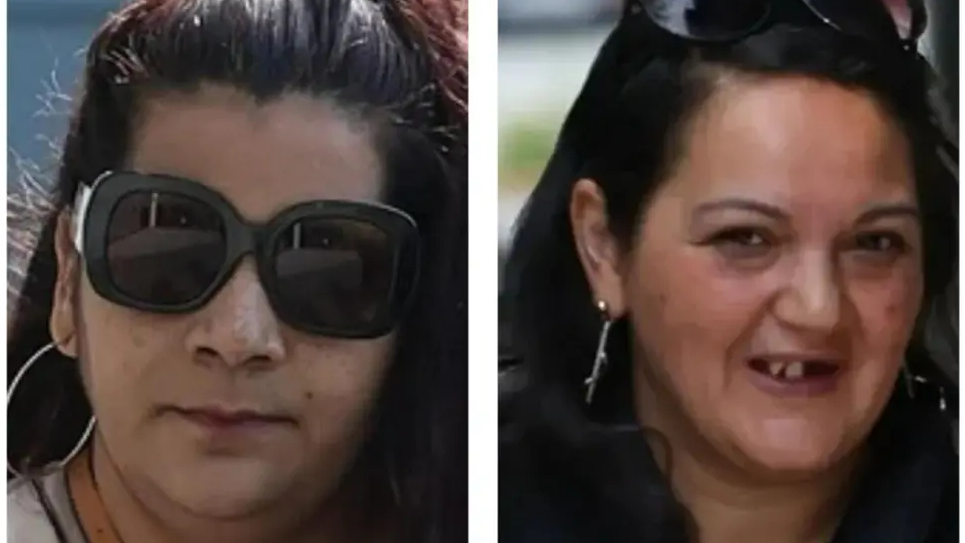 Close up images of two women. The woman on the left has long brown hair. She is wearing sunglasses and silver hoop earrings. the woman on the left has long black hair. She is smiling and is missing a front tooth. She has sunglasses on her head.