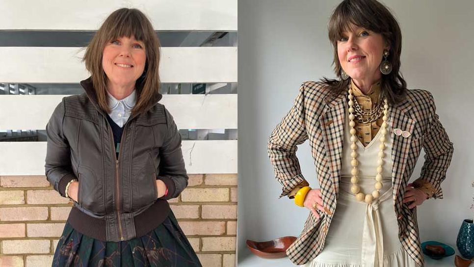 Two pictures of Caroline Jones in 2024. Her brown hair falls just below the shoulder and she has a fringe. In the left image she wears a brown leather jacket, a light blue shirt and a green/blue skirt with horses on it. In the right image she wears a light brown shirt with a cream dress over it and a tweed jacket. She has a cream beaded necklace chuncky gold chains and a yellow bracelet.