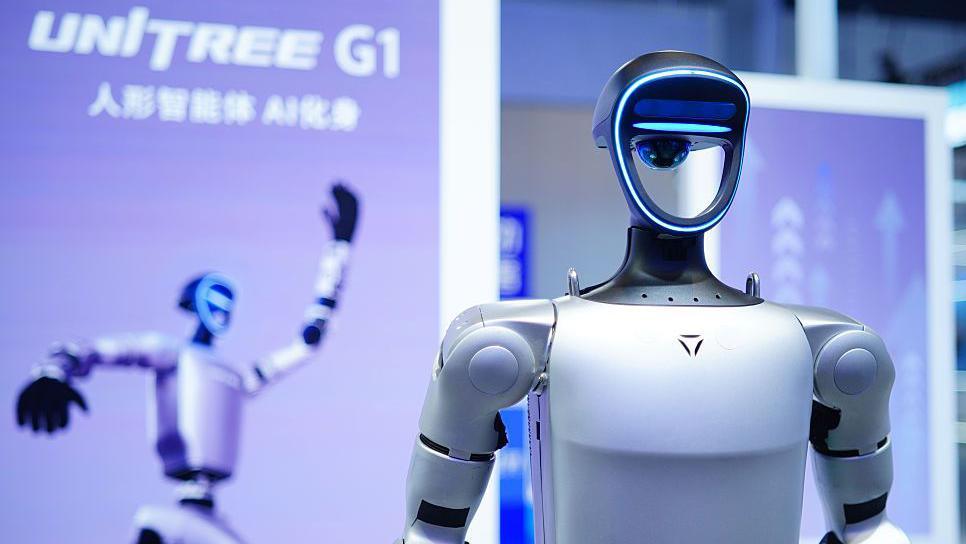 A Unitree G1 humanoid robot is on display at a convention in Beijing.
