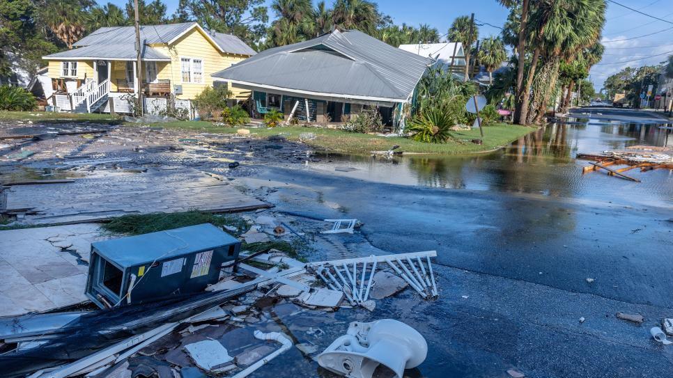 View of damage left behind by Hurricane Helene in Cedar Key, Florida, 