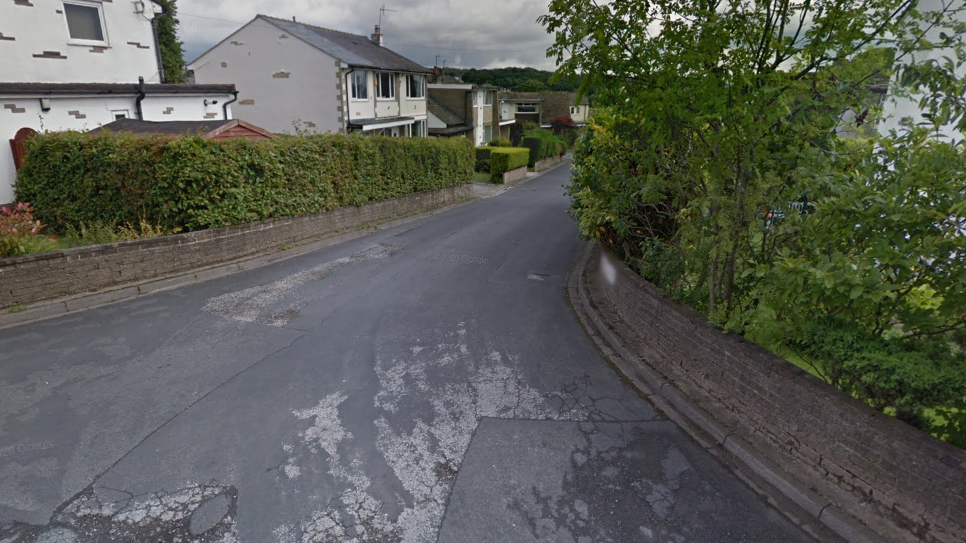 The entrance of a cul-de-sac, which features a narrow road, hedgerows on both sides of the road, above garden walls, and white houses.