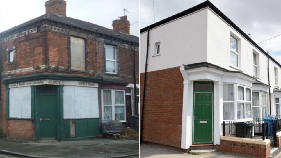 Before and after images of a corner-terrace property in Hull, which has been restored and brought back into use. On the left, the "before" image of a rundown former shop and flat. On the right, a fully restored, remodelled and freshly painted modern-looking house.