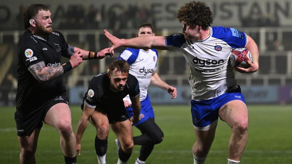 Bath back row Alfie Barbeary scores against Newcastle Falcons